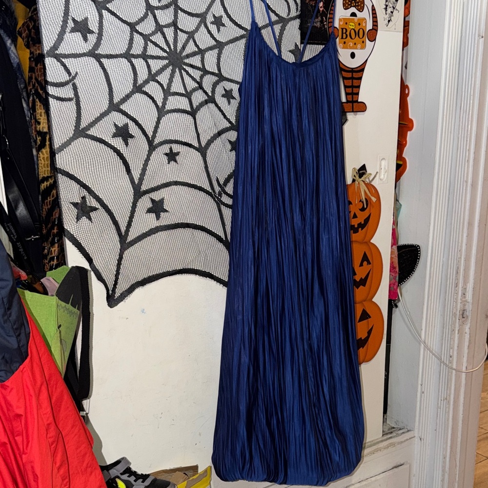 Navy Blue Pleated Maxi Dress - Sleeveless Spaghetti Strap